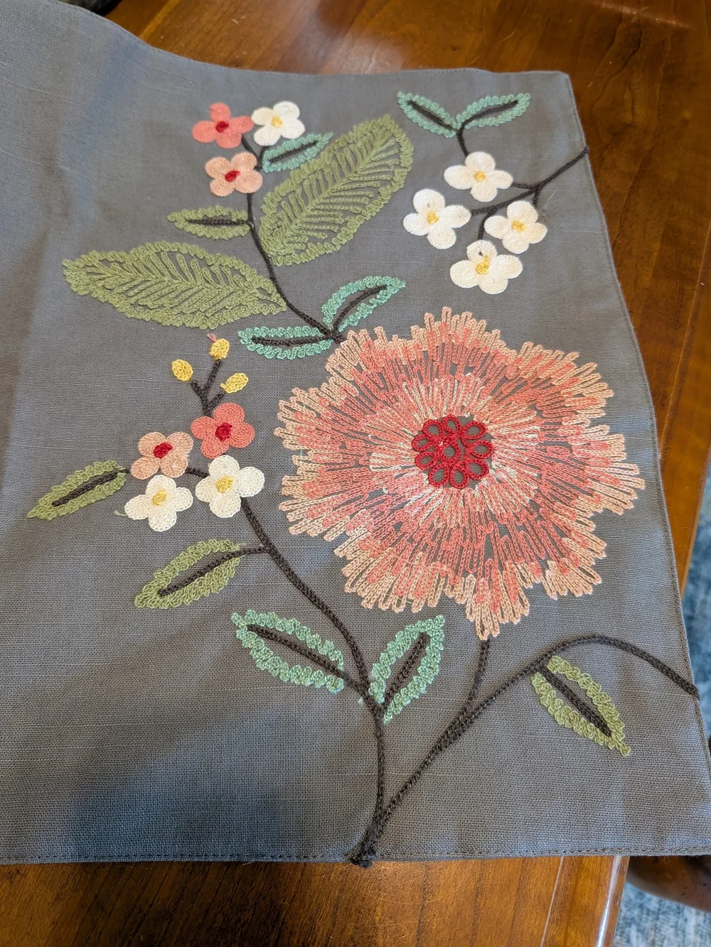 Threshold Solid Gray Woven Placemat (1) With Embroidered Flowers
